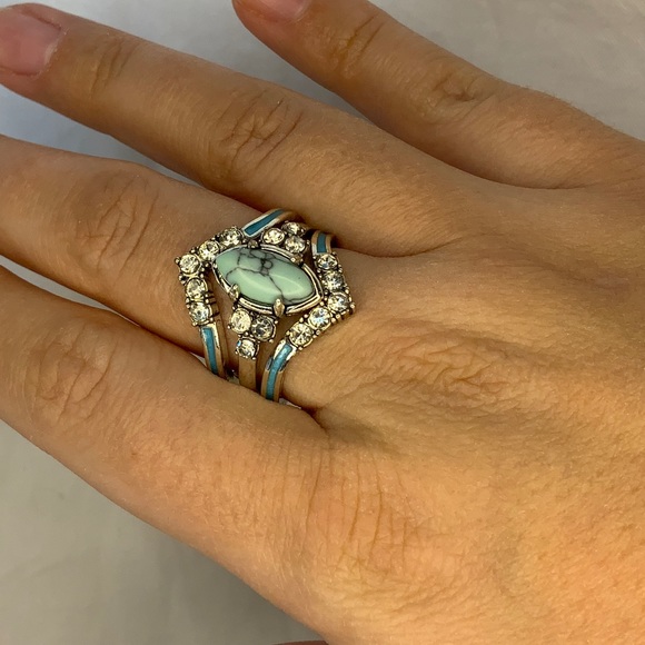 New three in one Turquoise Ring with Mojssanite Silver plated 3 piece ring set - Picture 7 of 8
